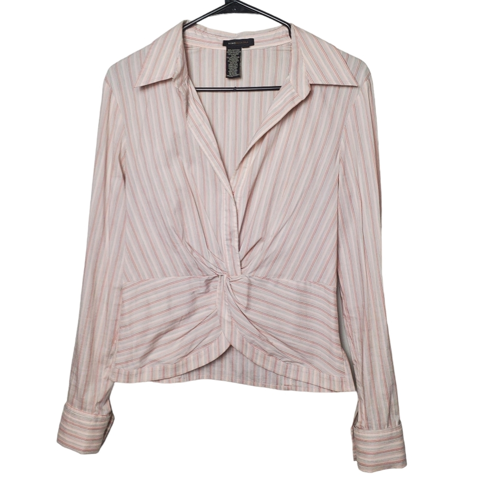 BCBG Max Azria | Long Sleeve Cotton Top | V Neck Pink White Blue Stripes | M